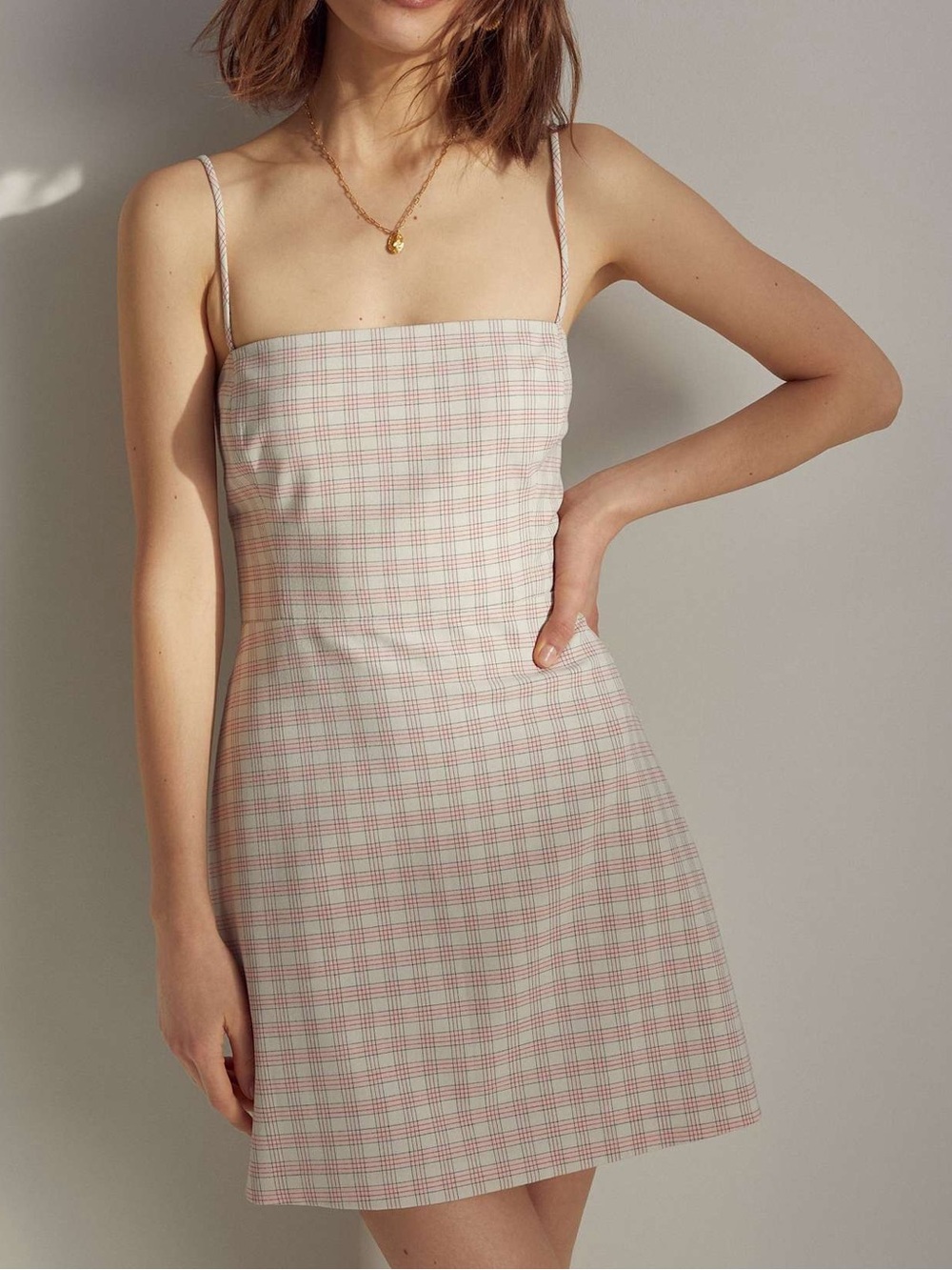Wilfred Pink & Cream Plaid Spaghetti-Strap Fitted Classic ‘90s Mini Dress
